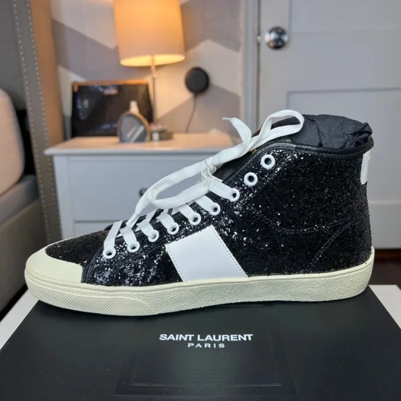 Saint Laurent Black Glittered SL/37 Court Classic Sneakers Size 8